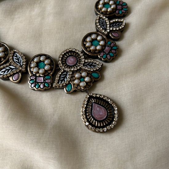 Pastel teal and pink terracotta floral and leaf pearl necklace set