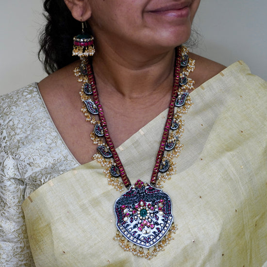 Peacock Terracotta Necklace Set in Pink & Green Kundhan Stones