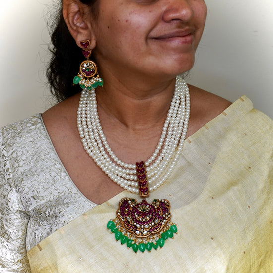 Pearl layered kemp floral terracotta necklace set with lotus pendant