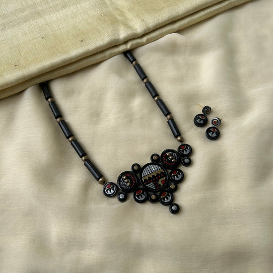 Black abstract art terracotta necklace set