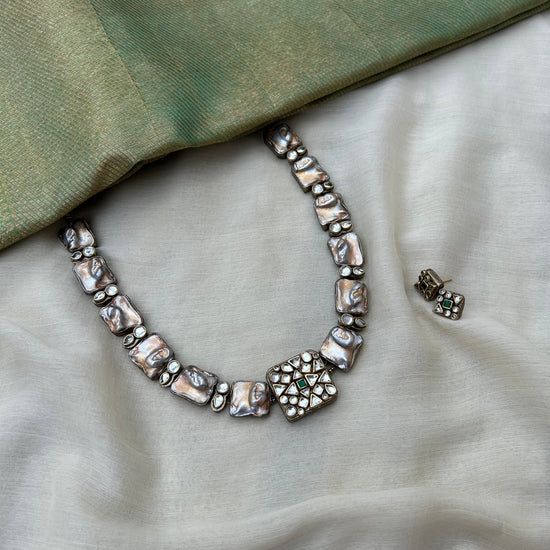 Baroque white pearl necklace set - Handmade terracotta short necklace with earrings