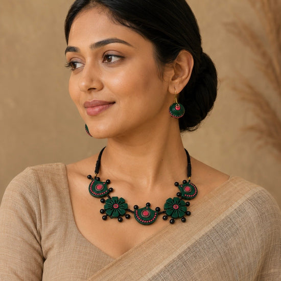 Black and pink floral terracotta choker with jhumka