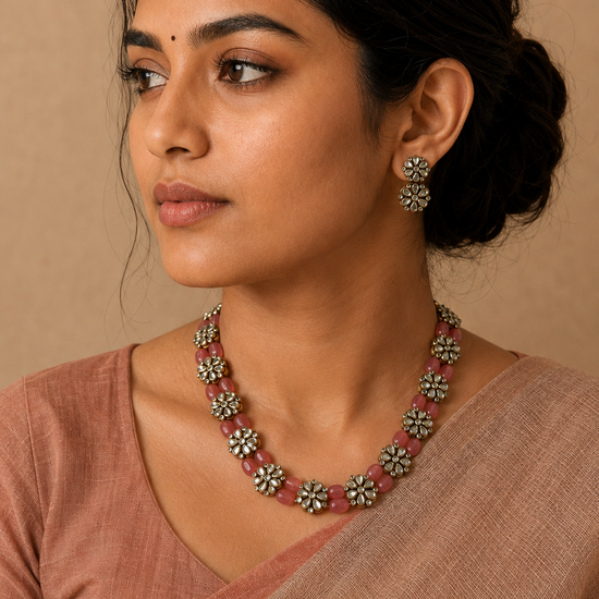 2 in 1 Floral Kundhan Terracotta Necklace Set with Pink Glass Beads