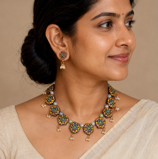 Floral clay necklace set with pearl dangles