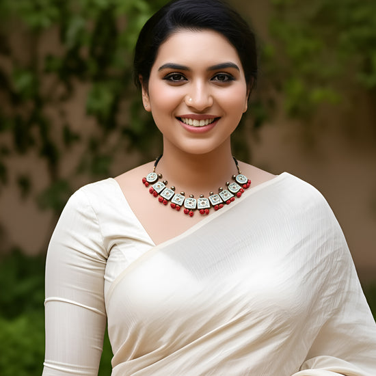 Antique gold geometric terracotta necklace with red and green floral tiles and jhumka earrings