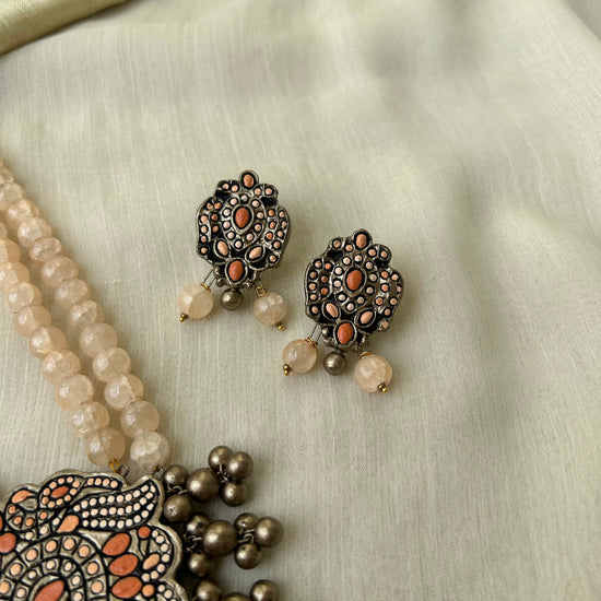 Terracotta Peacock Pendant Necklace with Double-Layer Glass Beads