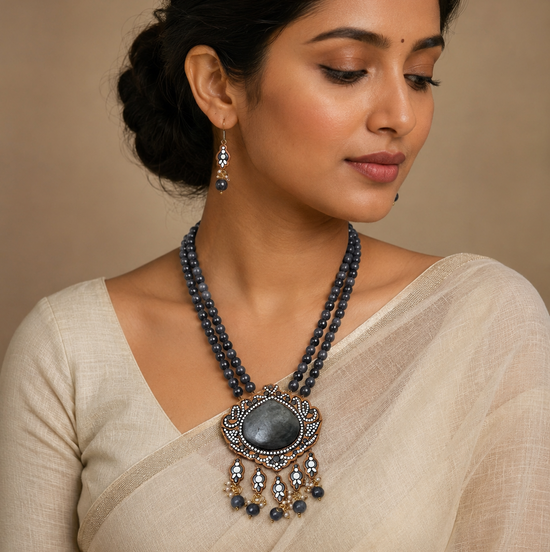 Floral Terracotta Pendant Necklace with Grey Glass Beads