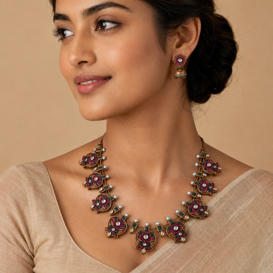 Floral kemp stone terracotta necklace set