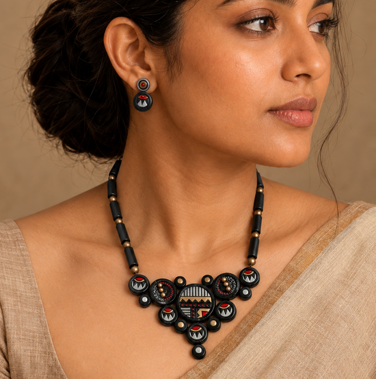 Black abstract art terracotta necklace set