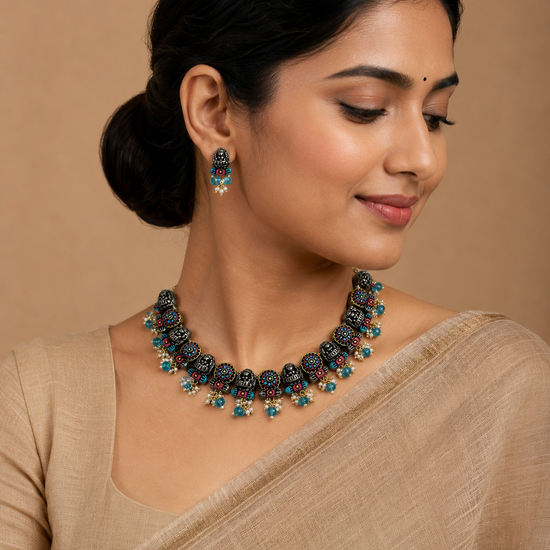 Lakshmi Floral Terracotta Necklace Set with Pearls and Crystals