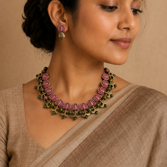 Pink Lotus terracotta necklace with unakite gemstone beads