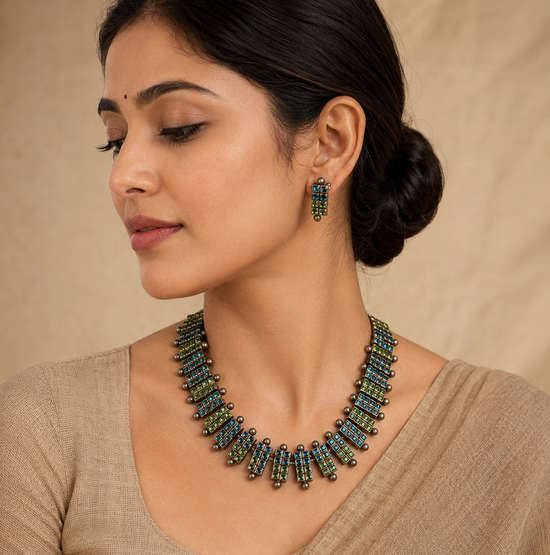 Blue Geometrical Square Kundhan Terracotta Necklace Set