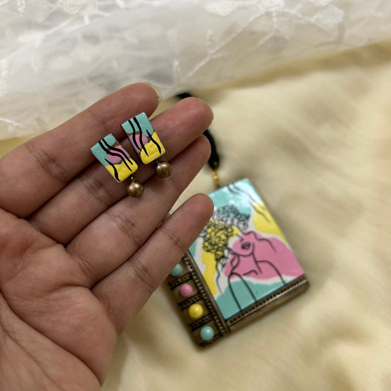 Pastel line art woman terracotta pendant set
