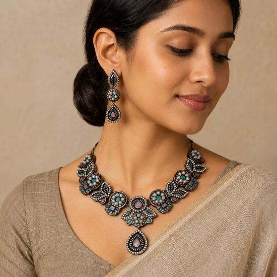 Pastel teal and pink terracotta floral and leaf pearl necklace set
