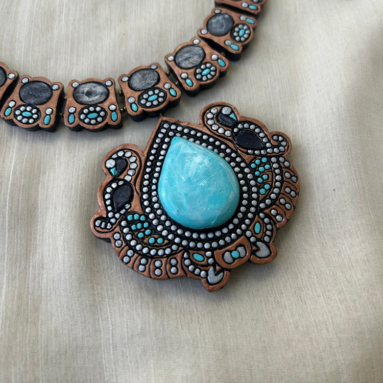 Peacock teal clay necklace with jhumka earrings