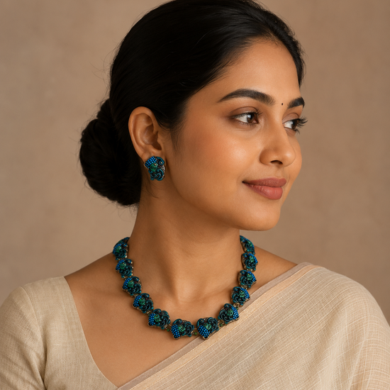 Intricate Blue Peacock Terracotta Necklace