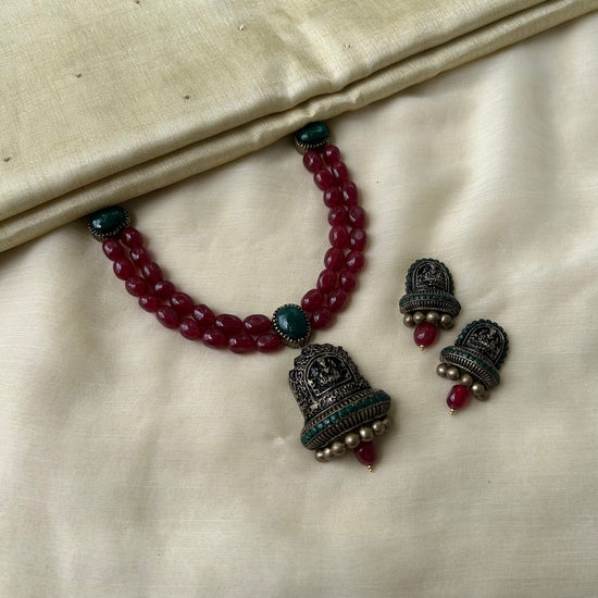 Vintage crimson red beaded terracotta goddess pendant necklace with studs