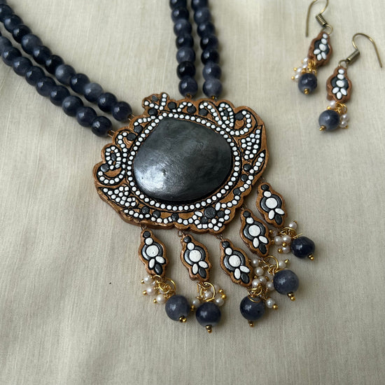 Floral Terracotta Pendant Necklace with Grey Glass Beads