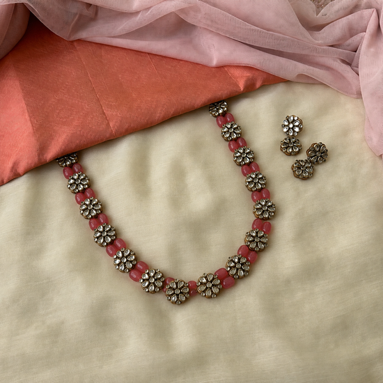 2 in 1 Floral Kundhan Terracotta Necklace Set with Pink Glass Beads