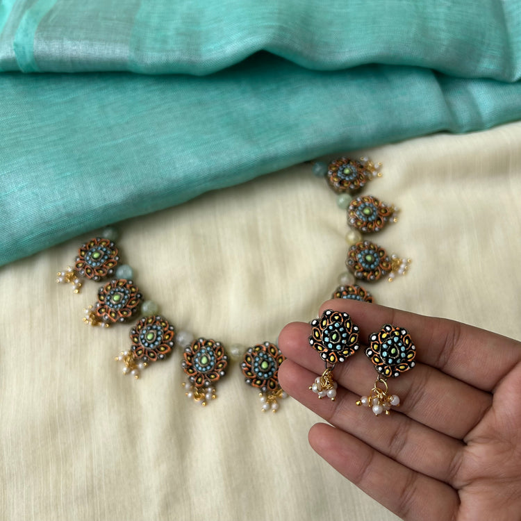 Handmade pastel terracotta floral necklace with pearl drops