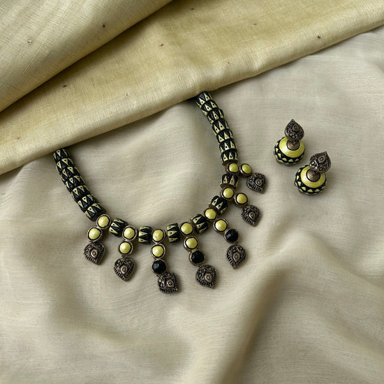 Terracotta Beaded Tribal Necklace Set in Yellow