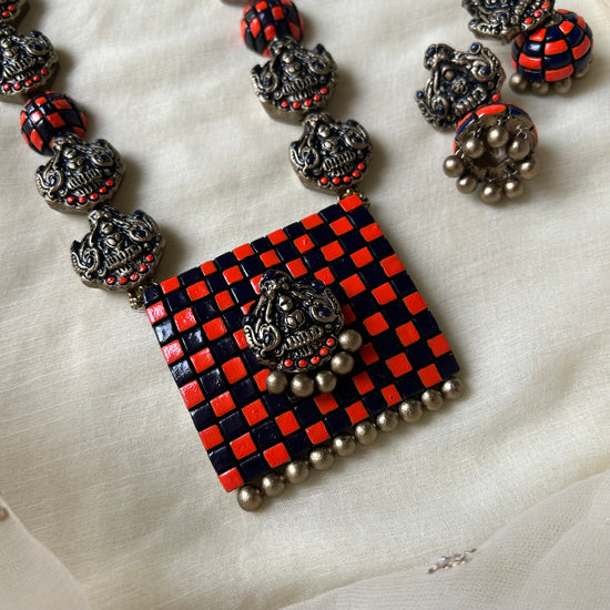 Checked Orange and Navy Blue Lakshmi Terracotta Necklace Set | Chettinad Style