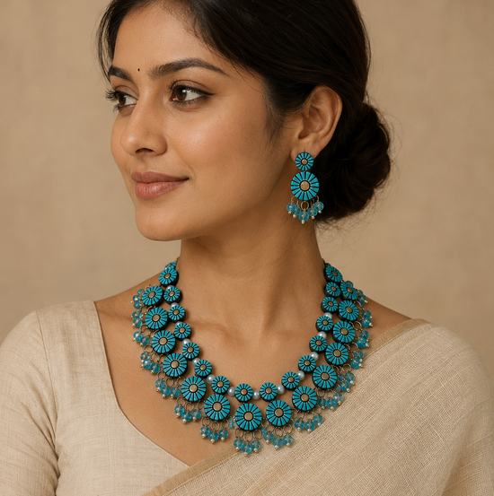 Layered Circular Blue Terracotta Necklace Set with Crystals