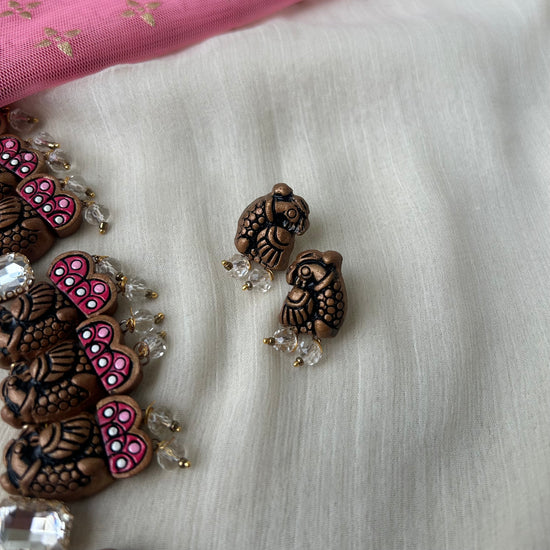 Terracotta Pink Peacock Necklace with Kundan Stones