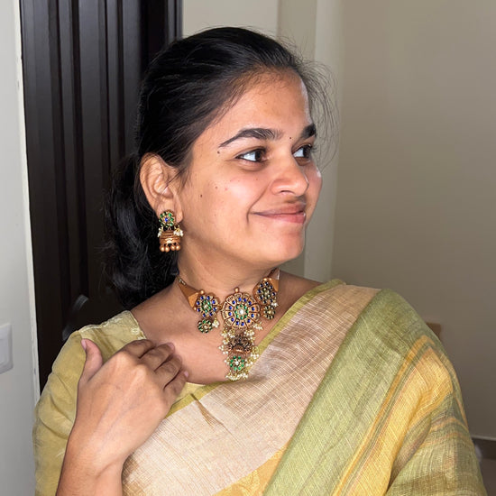 Terracotta Choker set with Jhumkas | With Kundhan Stones