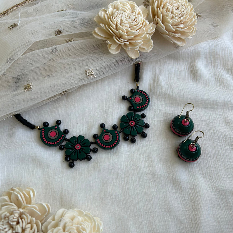 Black and pink floral terracotta choker with jhumka