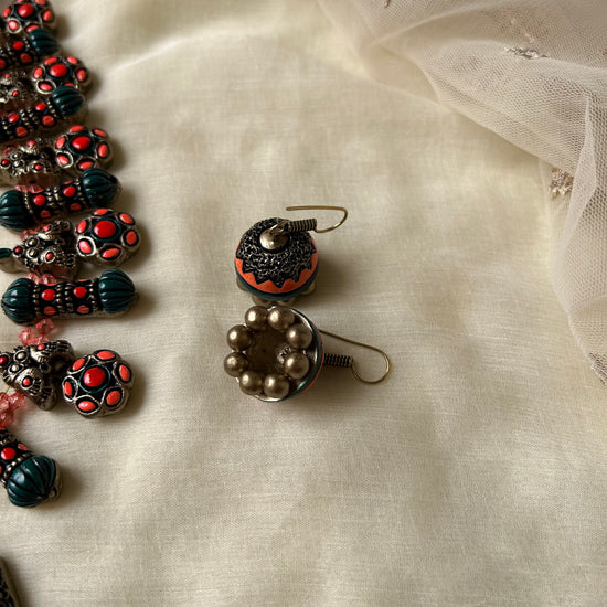 Handmade Peach & Green Terracotta Neckset with Earrings