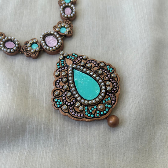 Pastel Pink and blue Terracotta Necklace Set with Kundan Stones
