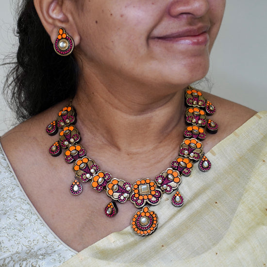 Orange and pink kundan terracotta necklace set