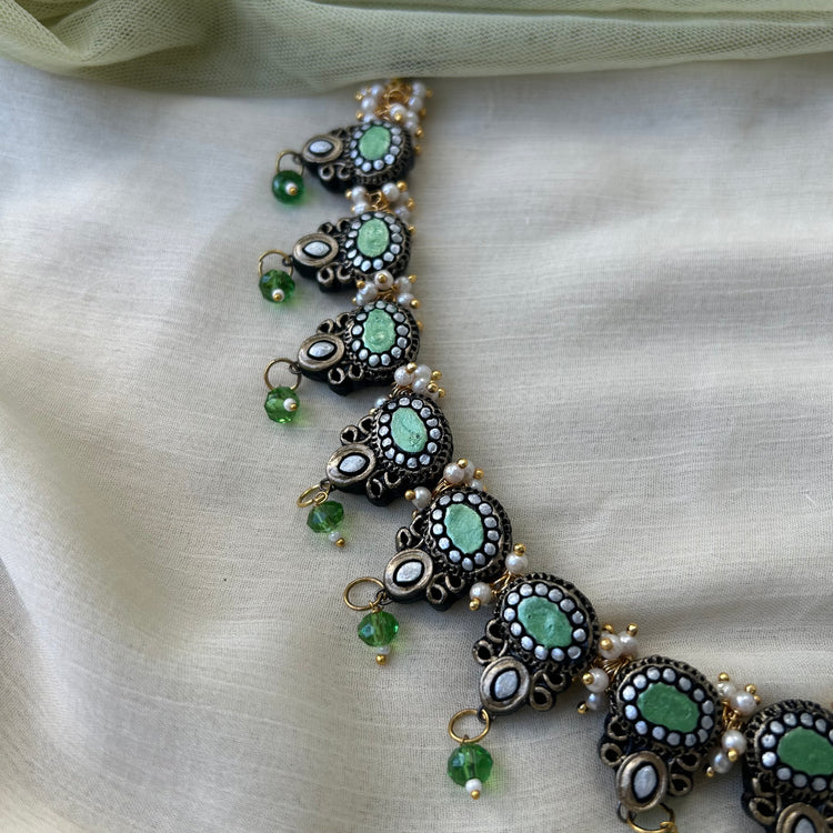 Terracotta kundan necklace with green bead drops