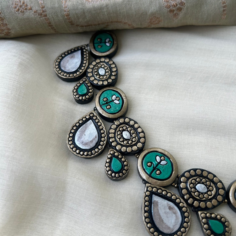 Green and gold terracotta necklace for ethnic wear