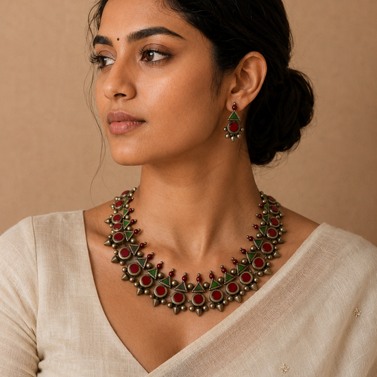 Terracotta geometric necklace and earrings