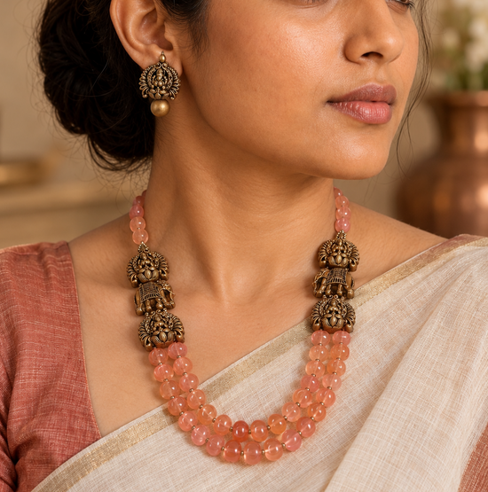 Terracotta Laksmi layered Orange pumpkin agate beads necklace set