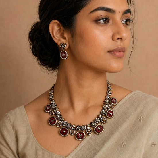 Gold and red kundan stone terracotta jewellery