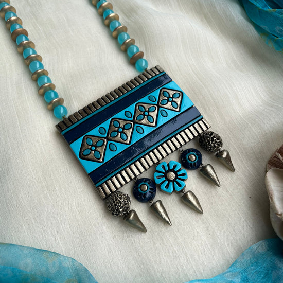 Teal floral rectangle terracotta pendant set