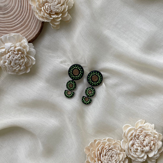 Black and green handmade terracotta triple circle mandala drop earrings