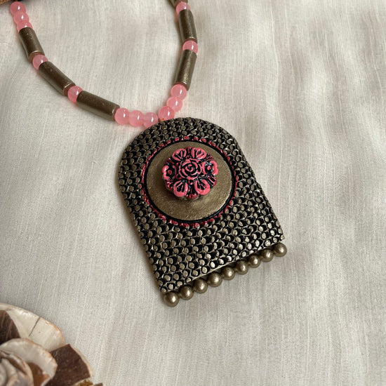 Antique pink rose terracotta pendant set with jhumkas