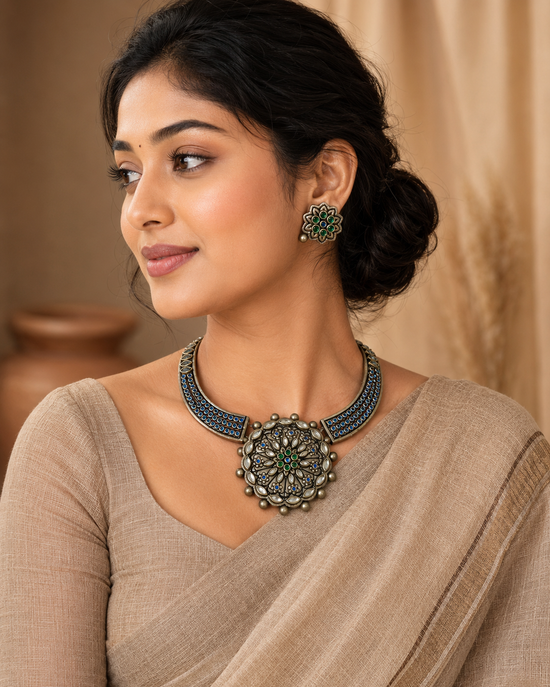 Hasli Floral Kundhan Mandela Terracotta Necklace Set