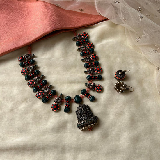 Handmade Peach & Green Terracotta Neckset with Earrings