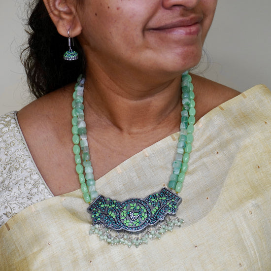 Two Layered Peacock Terracotta Necklace set in green with pearls