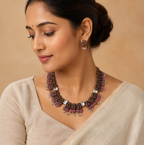 Terracotta Pink Peacock Necklace with Kundan Stones