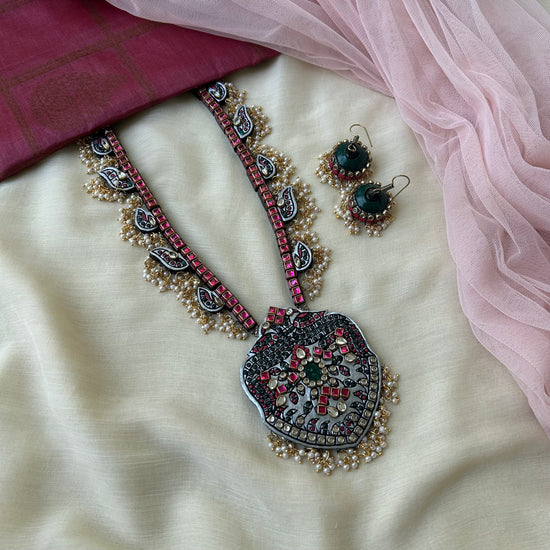 Peacock Terracotta Necklace Set in Pink & Green Kundhan Stones