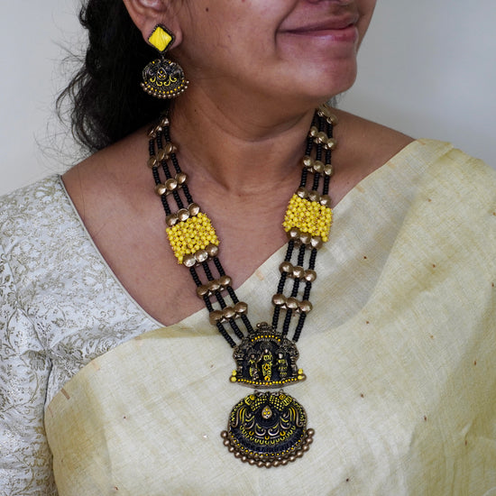 Yellow and Black Antique Terracotta Necklace set with layers of beads and ghungroos