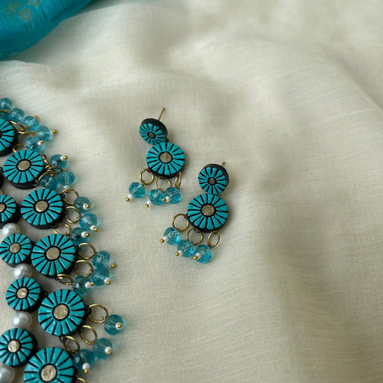 Layered Circular Blue Terracotta Necklace Set with Crystals