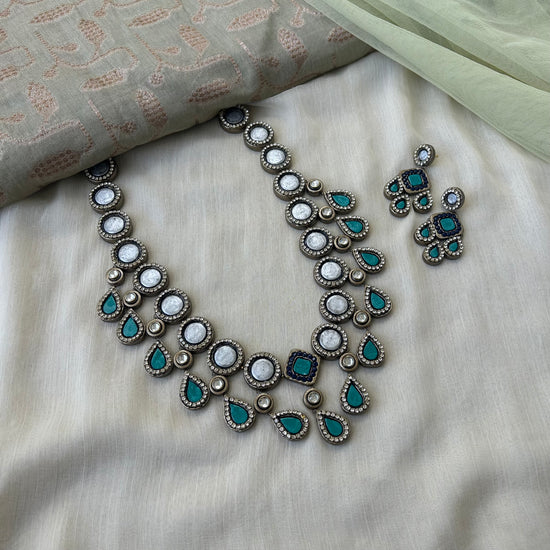Blue Terracotta Necklace Set with Kundan Stones - Party wear