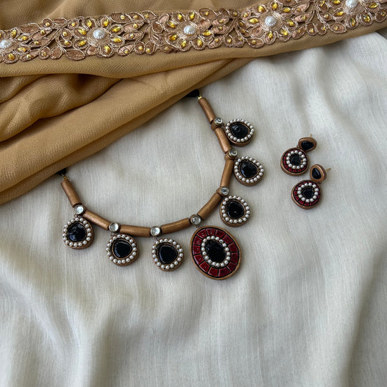 Handmade Terracotta Choker with Black & Red Glass Finish and Pearl Detailing